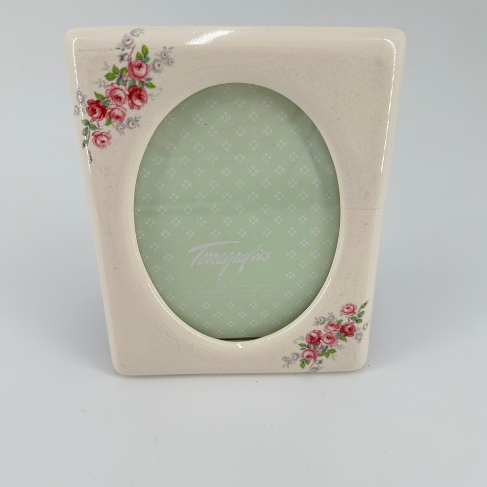 Vintage 1984 Terragrafics Ceramic Pink Rose Floral Oval Picture Frame 5x7